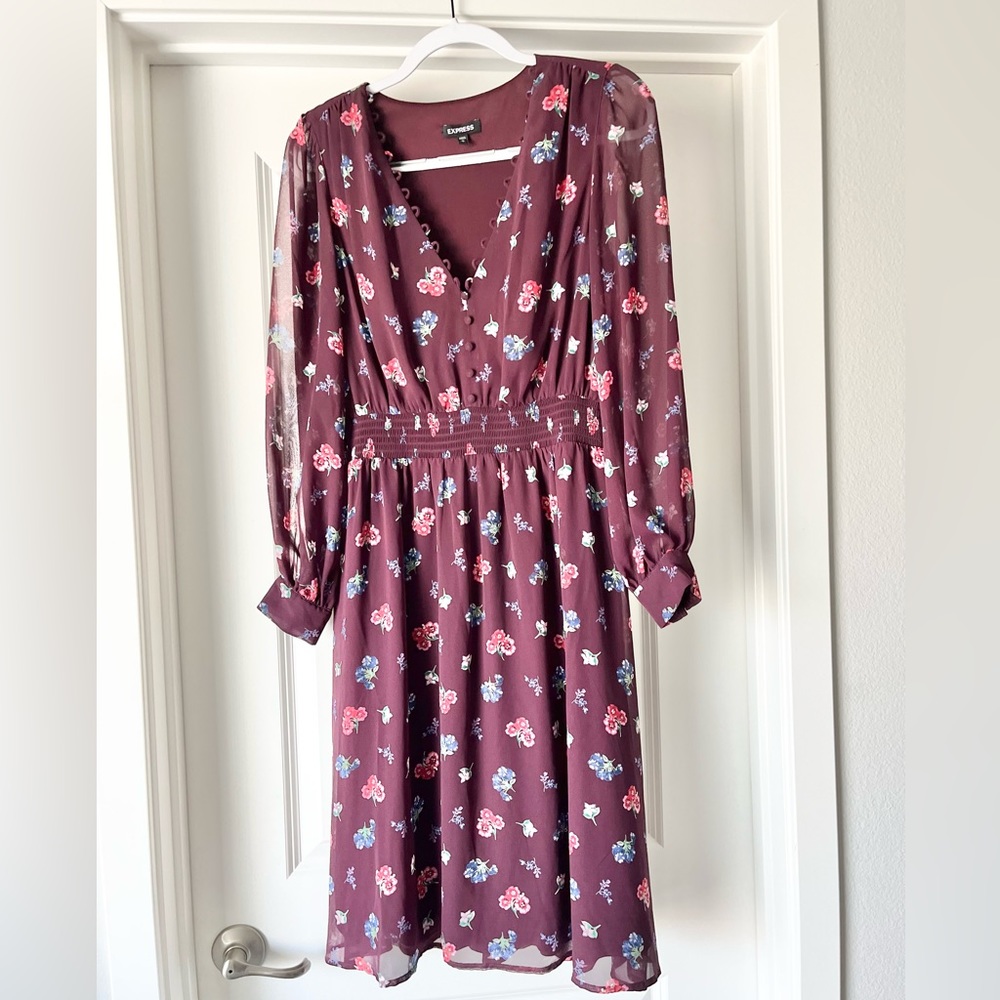 Express Floral Long Sleeve Dress - Burgundy and Blue